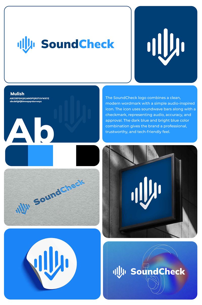 SoundCheck logo and blue brand identity for an audio quality service.