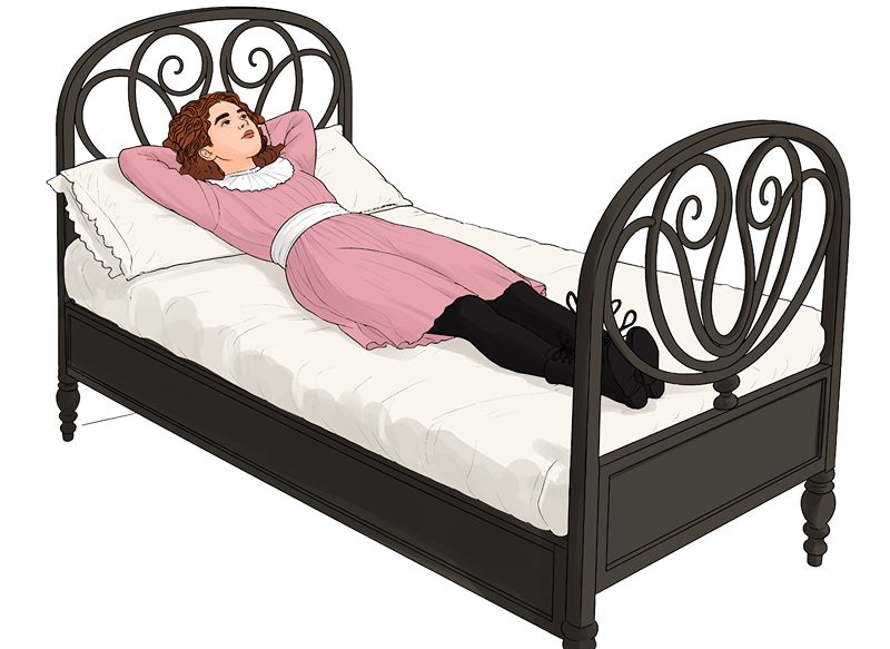 Illustrated woman resting on a vintage bed.
