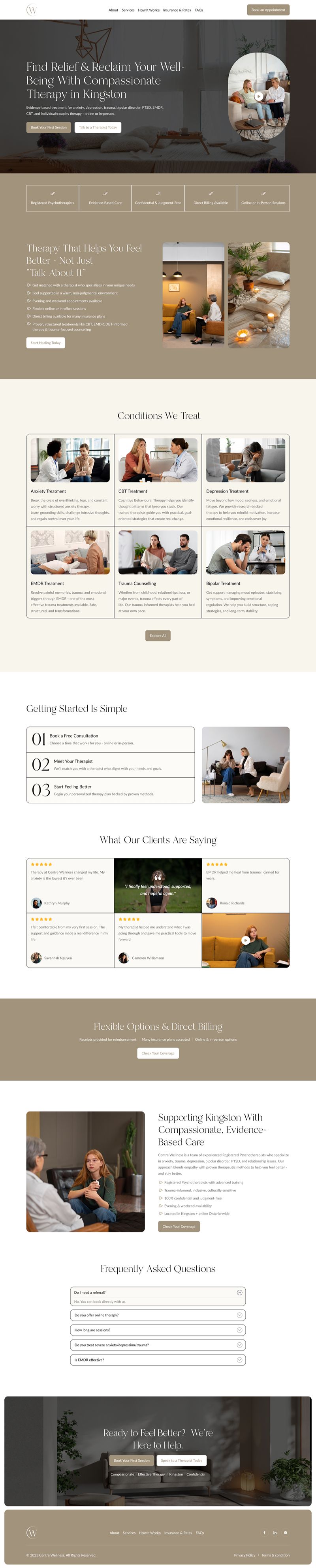 Centre Wellness therapy website design showcasing mental health services and treatment options in Kingston.