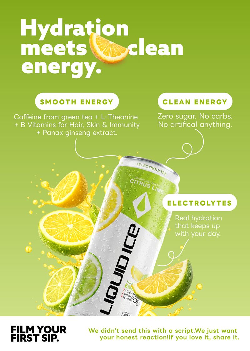 Liquid Ice citrus lime energy drink promotional card.