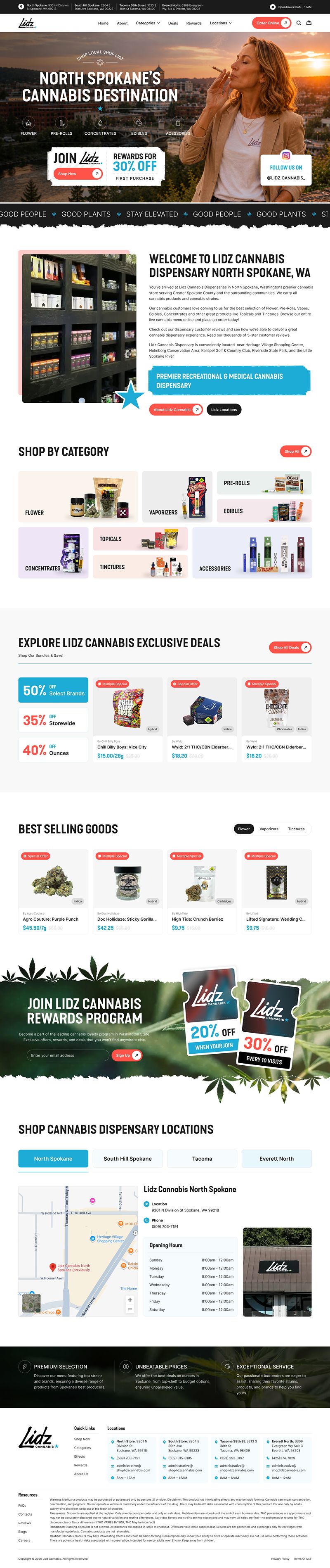 Lidz Cannabis North Spokane website design showcasing products, deals, rewards, and dispensary location.