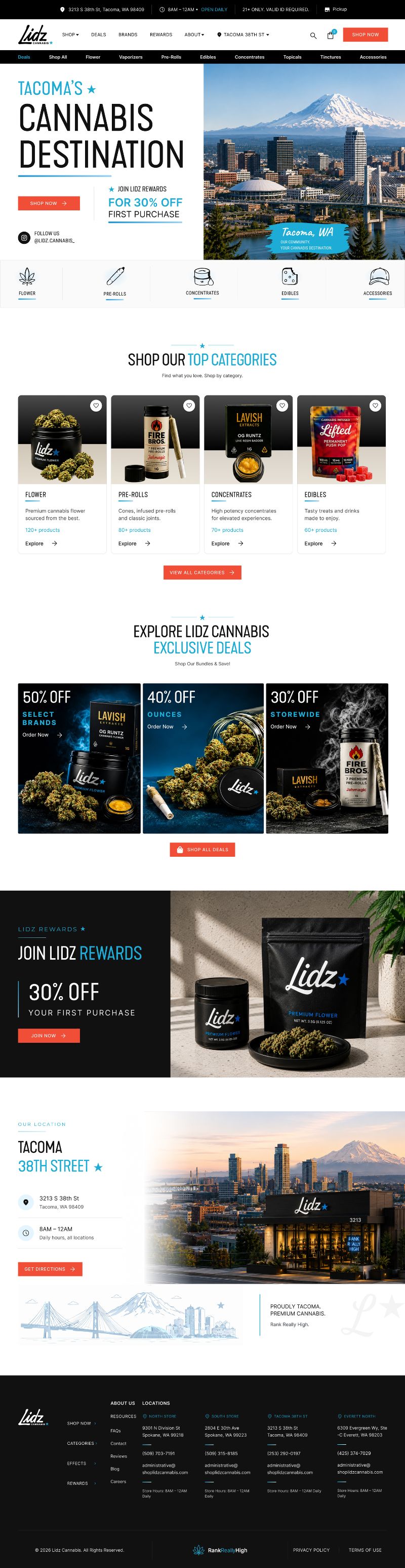 Lidz Cannabis Tacoma website design featuring cannabis products, deals, rewards, and store location.