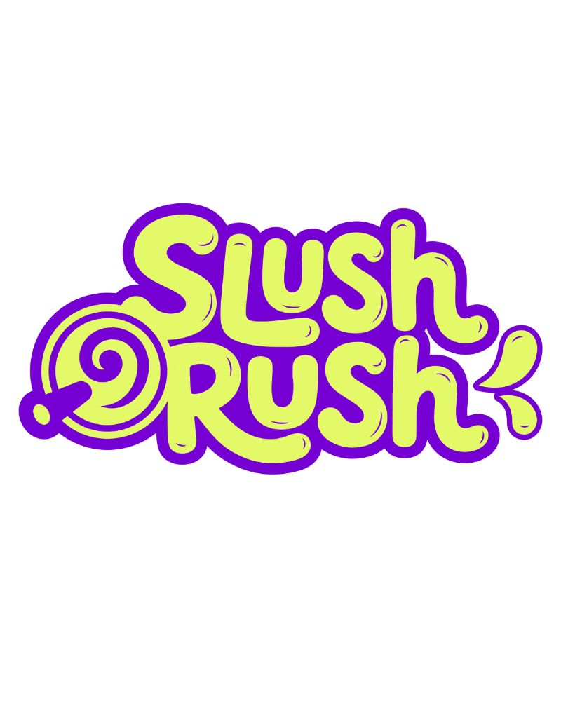 Slush Rush logo with playful lime green and purple lettering