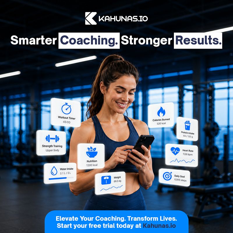 A Kahunas Fitness App Social Media Design Featuring A Female Trainer And App Features