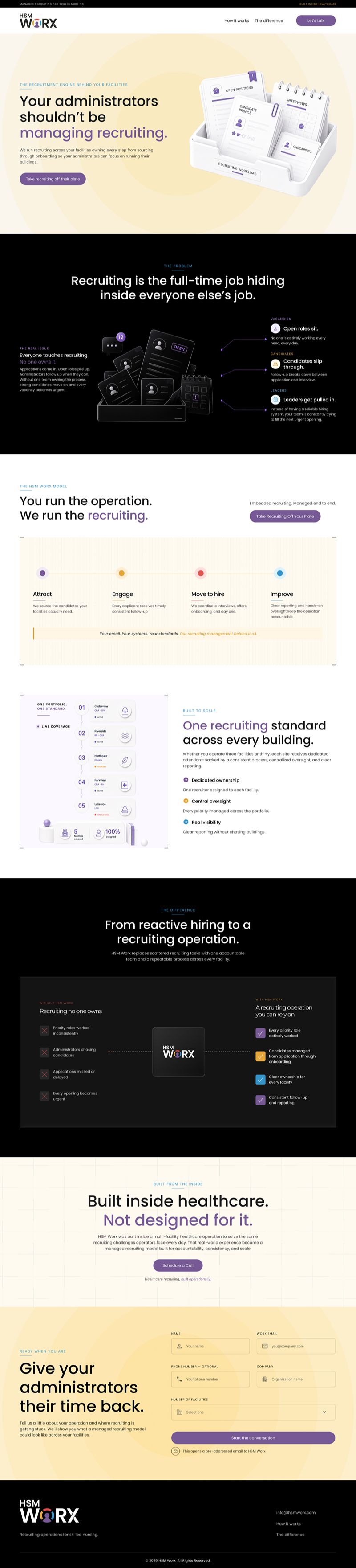 HSM WORX healthcare recruitment website design showcasing managed recruiting services for healthcare facilities.